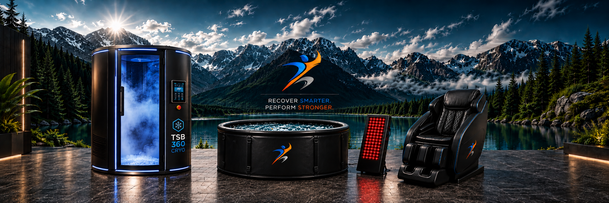 TSB 360 cryo chamber, cold plunge tub, red light panel and massage chair by a mountain lake, with the Peak Muscle Recovery logo