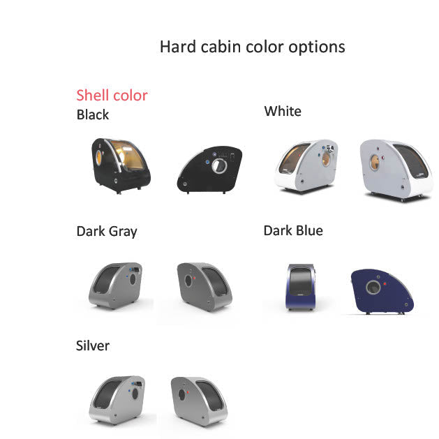 MedEq TimeCapsule Vision C750+ hard-shell hyperbaric chamber shell color options: black, white, dark gray, dark blue and silver