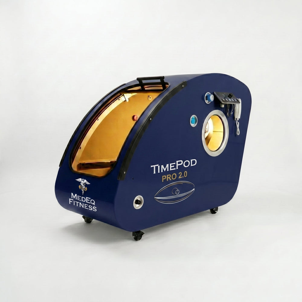 MedEq TimePod 2 triangular hard-shell hyperbaric chamber in dark blue