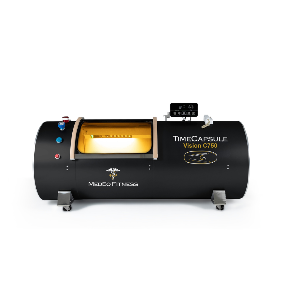 MedEq TimeCapsule Vision C750+ hard-shell hyperbaric chamber in black, side view