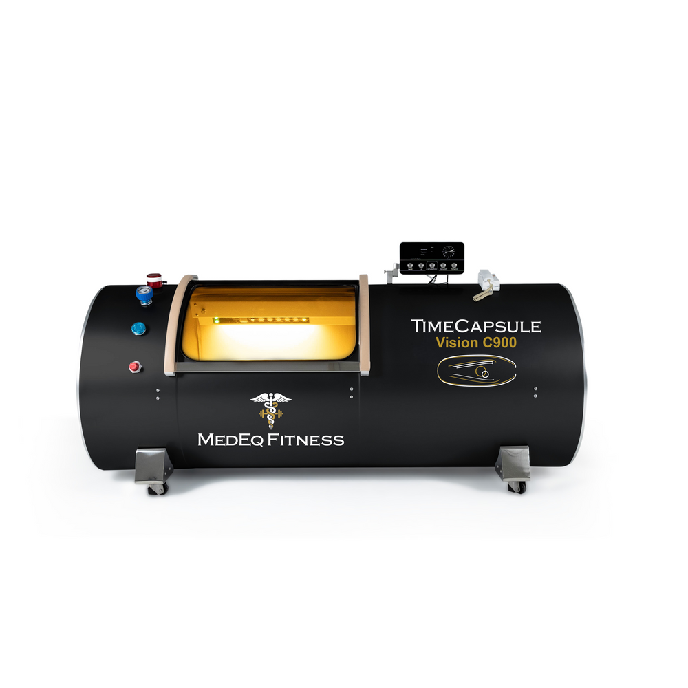 MedEq TimeCapsule Vision C900+ hard-shell hyperbaric chamber in black, side view