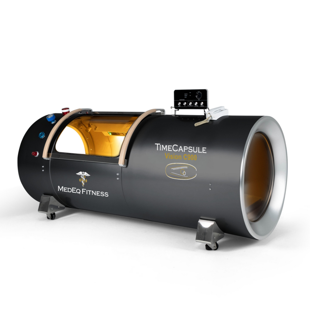 MedEq TimeCapsule Vision C900+ hard-shell hyperbaric chamber, black, angled front view