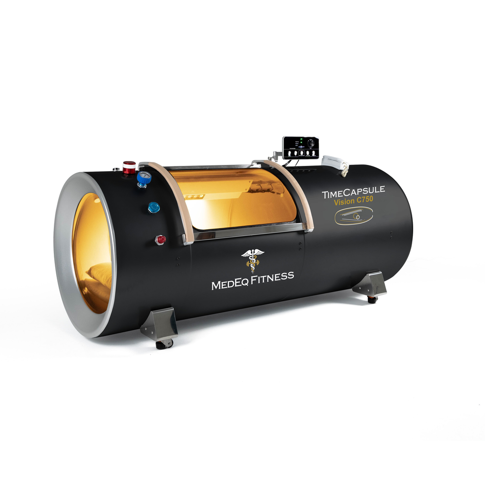 MedEq TimeCapsule Vision C750+ hard-shell hyperbaric chamber, black, angled view