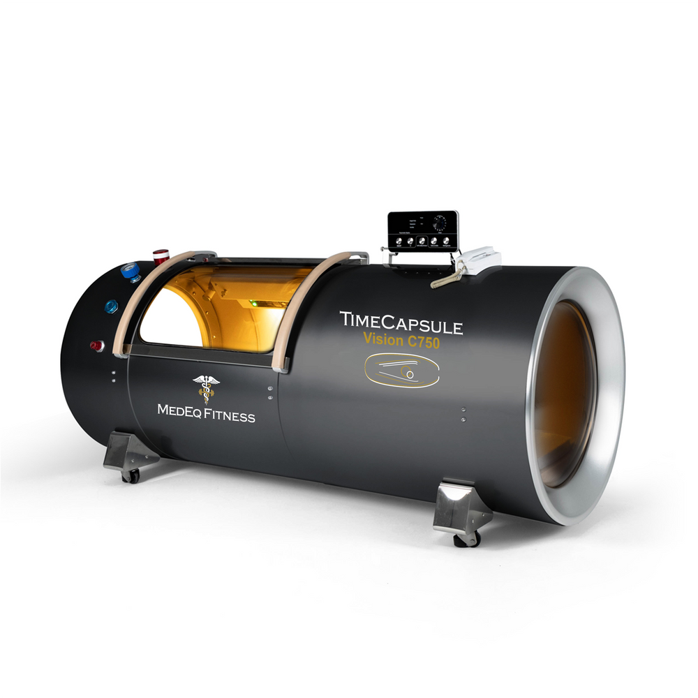 MedEq TimeCapsule Vision C750+ hard-shell hyperbaric chamber, black, angled front view