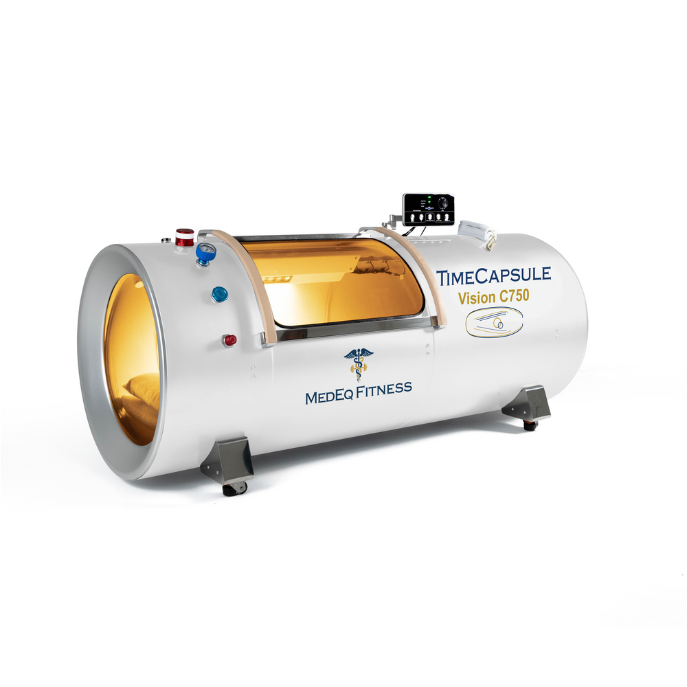 MedEq TimeCapsule Vision C750+ hard-shell hyperbaric chamber, white, angled front view
