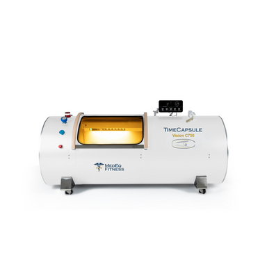 MedEq TimeCapsule Vision C750+ hard-shell hyperbaric chamber in white, side view