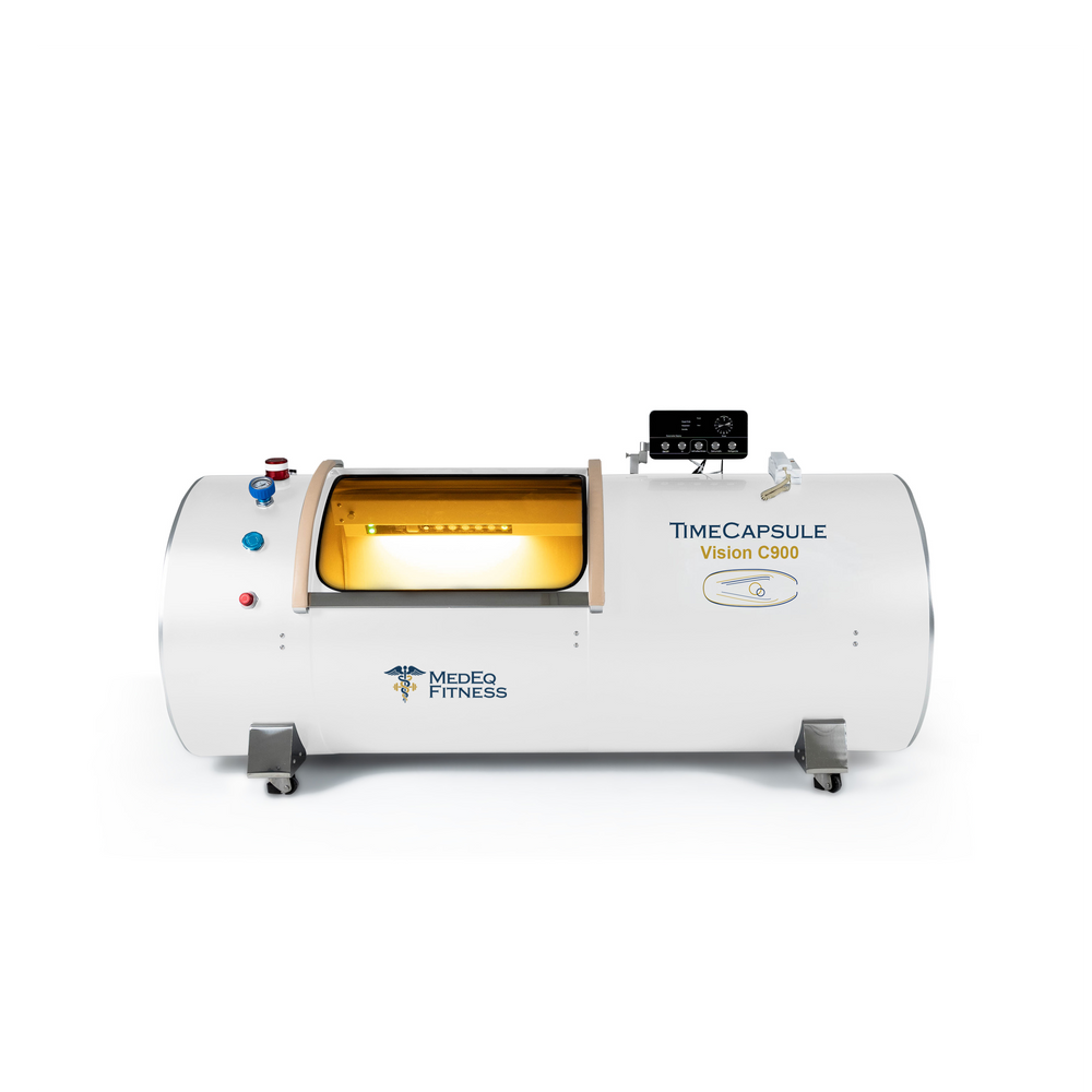 MedEq TimeCapsule Vision C900+ hard-shell hyperbaric chamber in white, side view