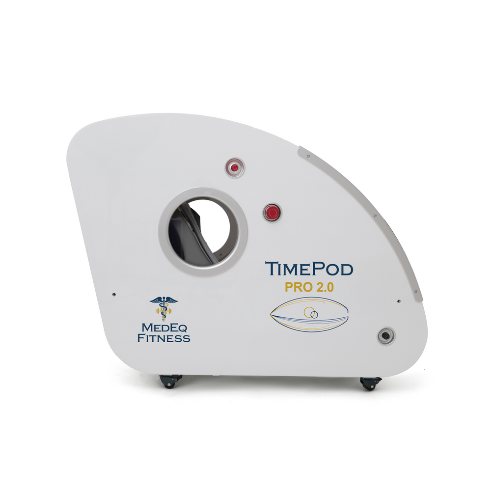 MedEq TimePod 2 triangular hard-shell hyperbaric chamber, white, side view