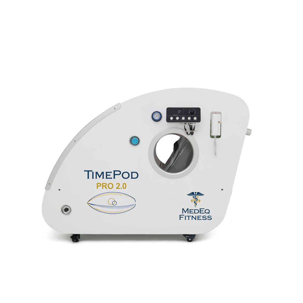 MedEq TimePod 2 triangular hard-shell hyperbaric chamber, white, side view with control panel