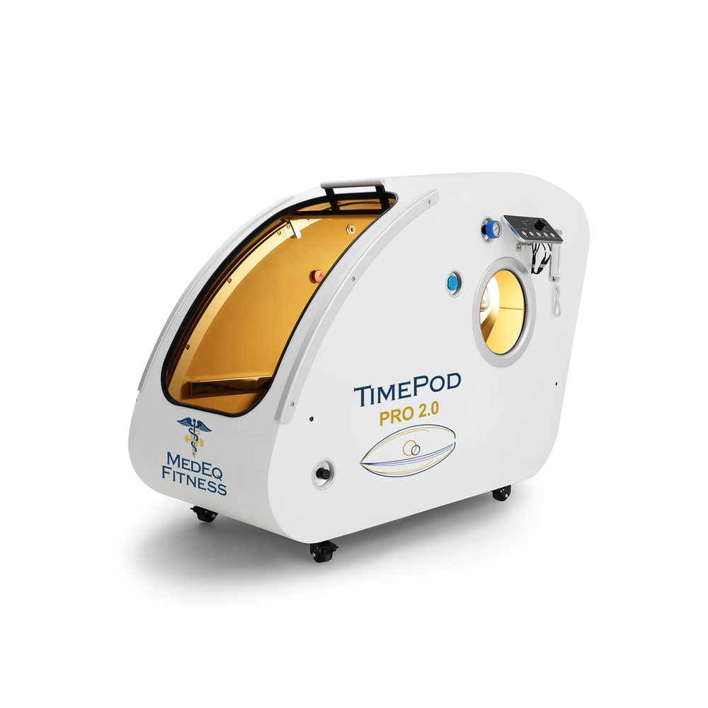 MedEq TimePod 2 triangular hard-shell hyperbaric chamber in white, angled view with amber window