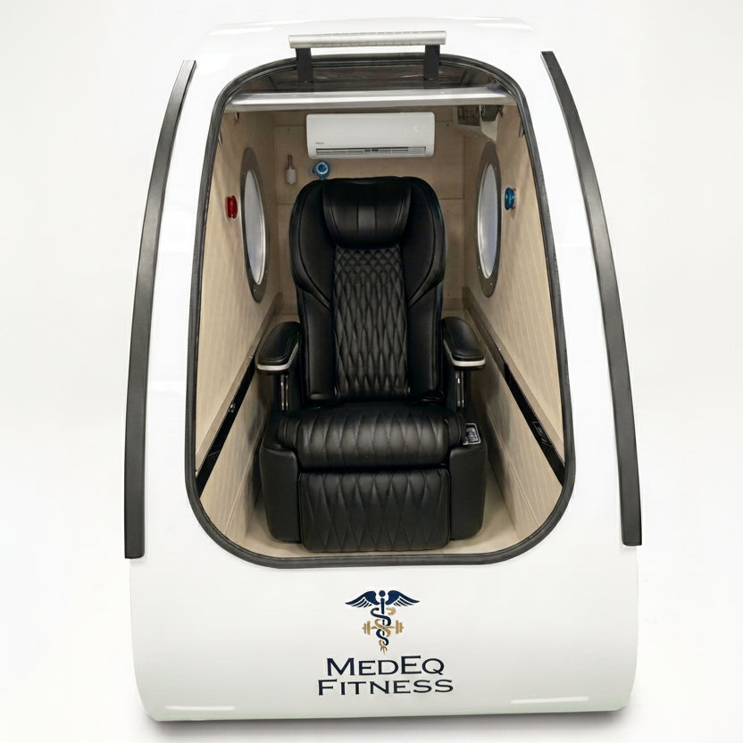 MedEq TimePod 2 triangular hard-shell hyperbaric chamber with door open showing reclining seat