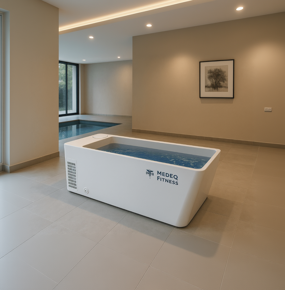 MedEq acrylic plunge pool with integrated chiller/heater, filled, in an open room