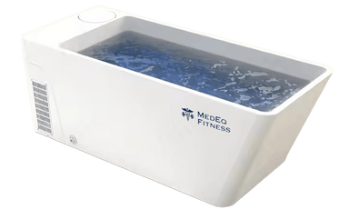 MedEq acrylic plunge pool with integrated chiller/heater, white acrylic, angled view