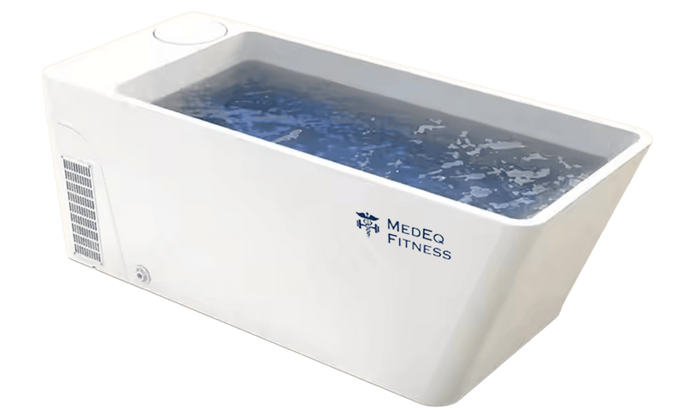 MedEq acrylic plunge pool with integrated chiller/heater, white acrylic, angled view