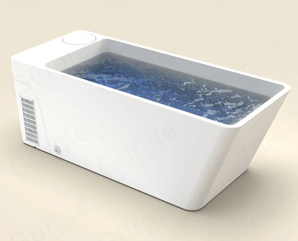 MedEq acrylic plunge pool with integrated chiller/heater, white acrylic, side view