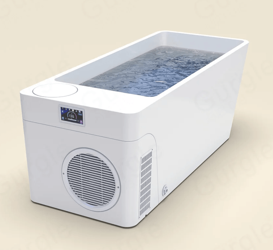 MedEq acrylic plunge pool with integrated chiller/heater, built-in chiller side view