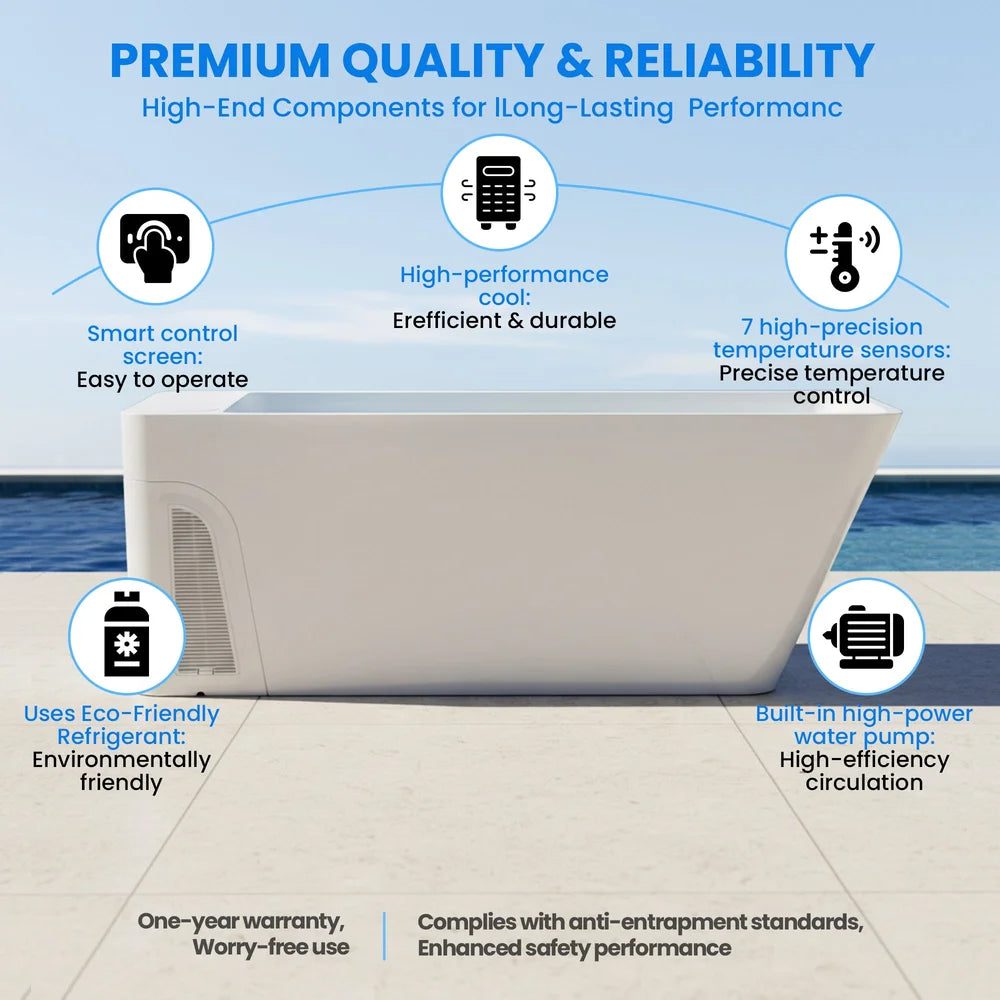 Quality and reliability callouts naming sensors, pump and refrigerant on the AMBOHR All-in Cold Plunge Spas tub
