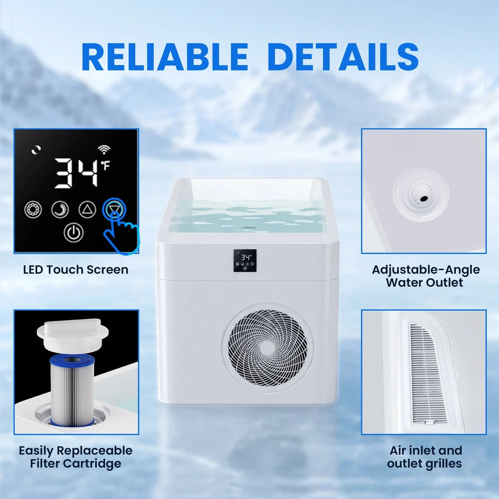 Reliable details graphic with four labelled callouts around the AMBOHR All-in Ice Bath Machine tub