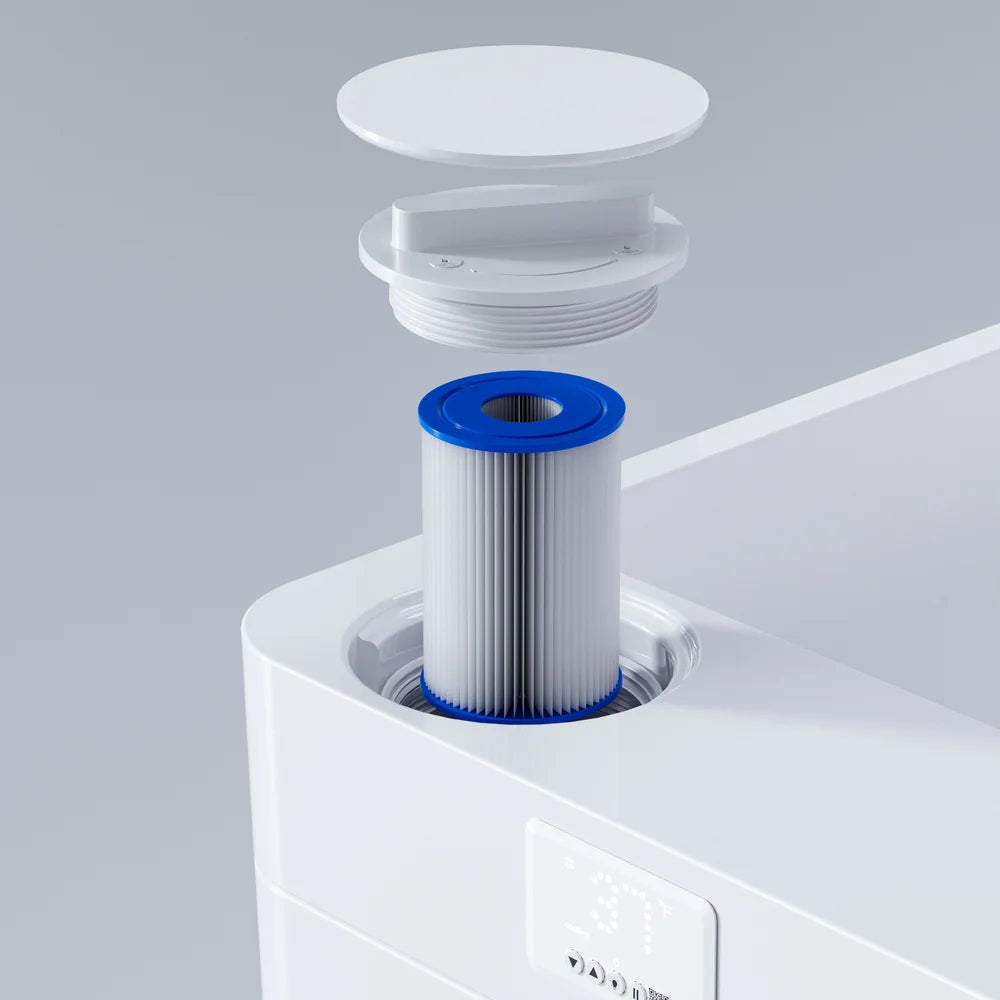 Exploded view of the pleated filter cartridge lifting out of the AMBOHR All-in Ice Bath Systems filter bay