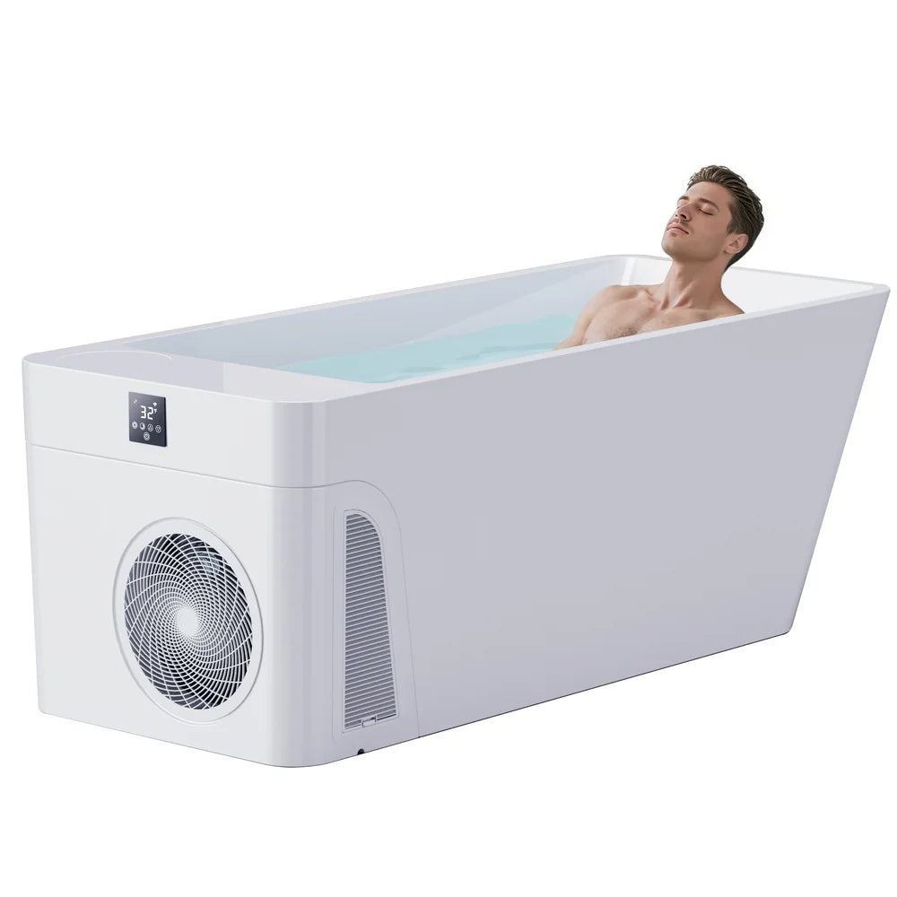 Man reclining in the white AMBOHR All-in Ice Bath Tubs unit with the 32°F touch display and fan grille visible