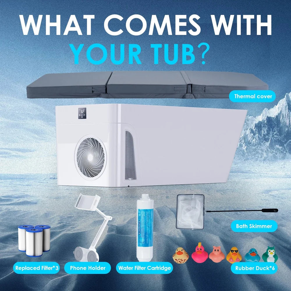 Chart of included cover, filters, phone holder, skimmer and ducks with the AMBOHR All-in Ice Bath Tubs unit