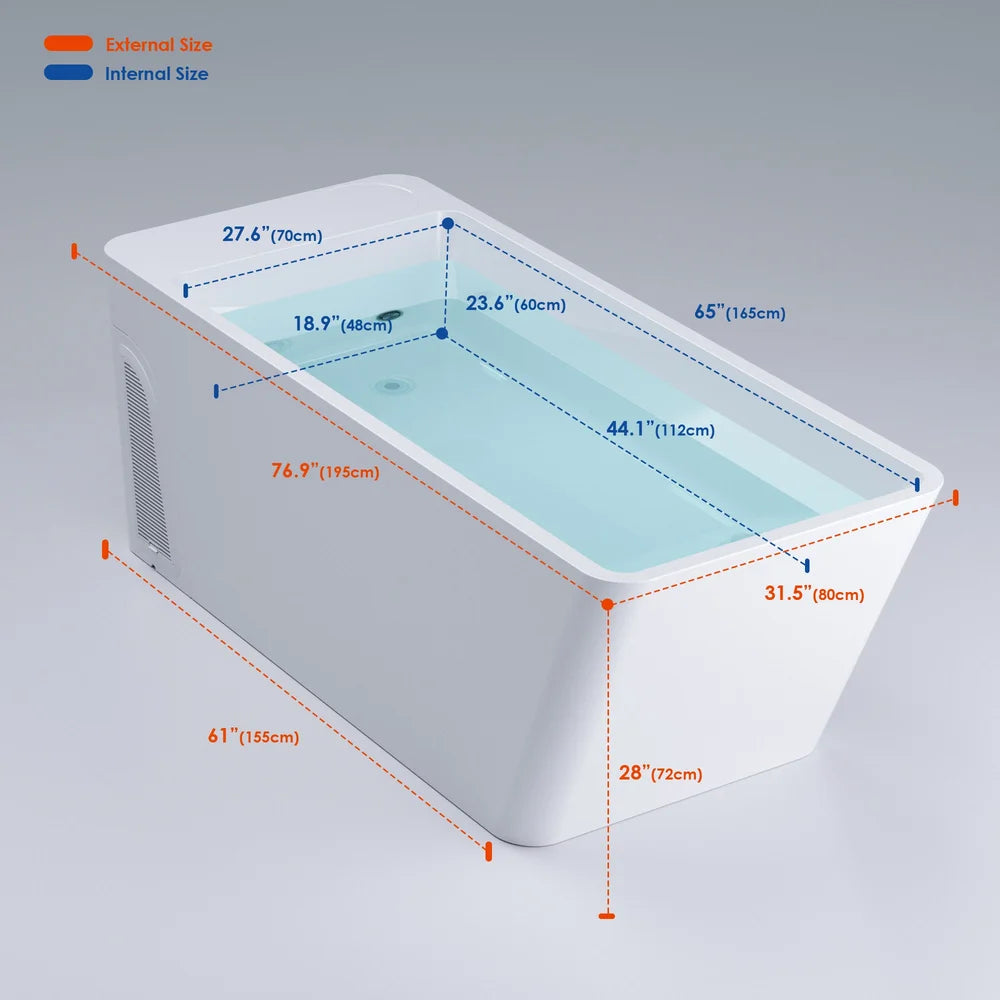 Measured drawing of the AMBOHR All-in Cold Plunge Spa listing external and internal length, width and height