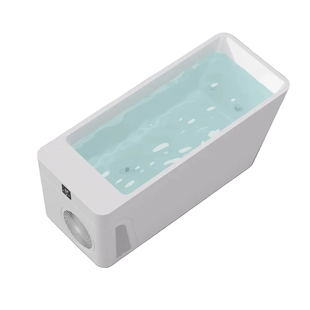 Overhead angle of the AMBOHR All-in Cold Plunge Tub interior basin filled with water and showing floor fittings