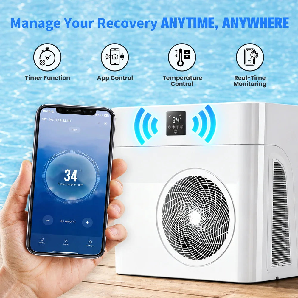 Phone app set to 34°F beside the AMBOHR All-in Cold Plunge Tub with timer and monitoring icons above