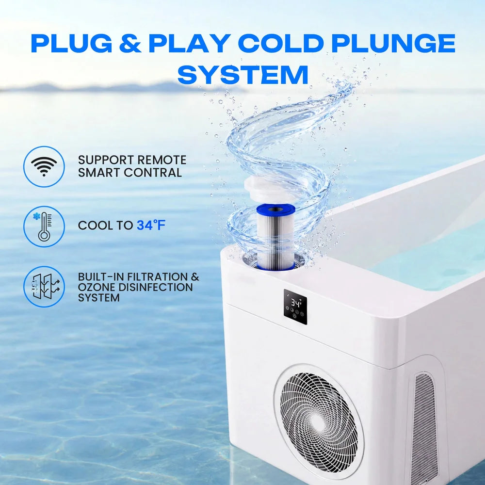 Plug and play overview listing ozone disinfection and 34°F cooling for the AMBOHR All-in Ice Bath System