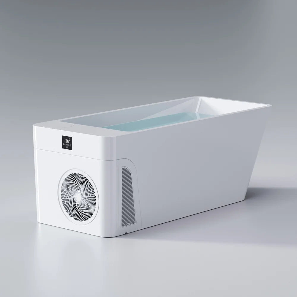 White AMBOHR All-in Ice Bath Machine shown at a slight angle with water in the basin and 38°F on the display