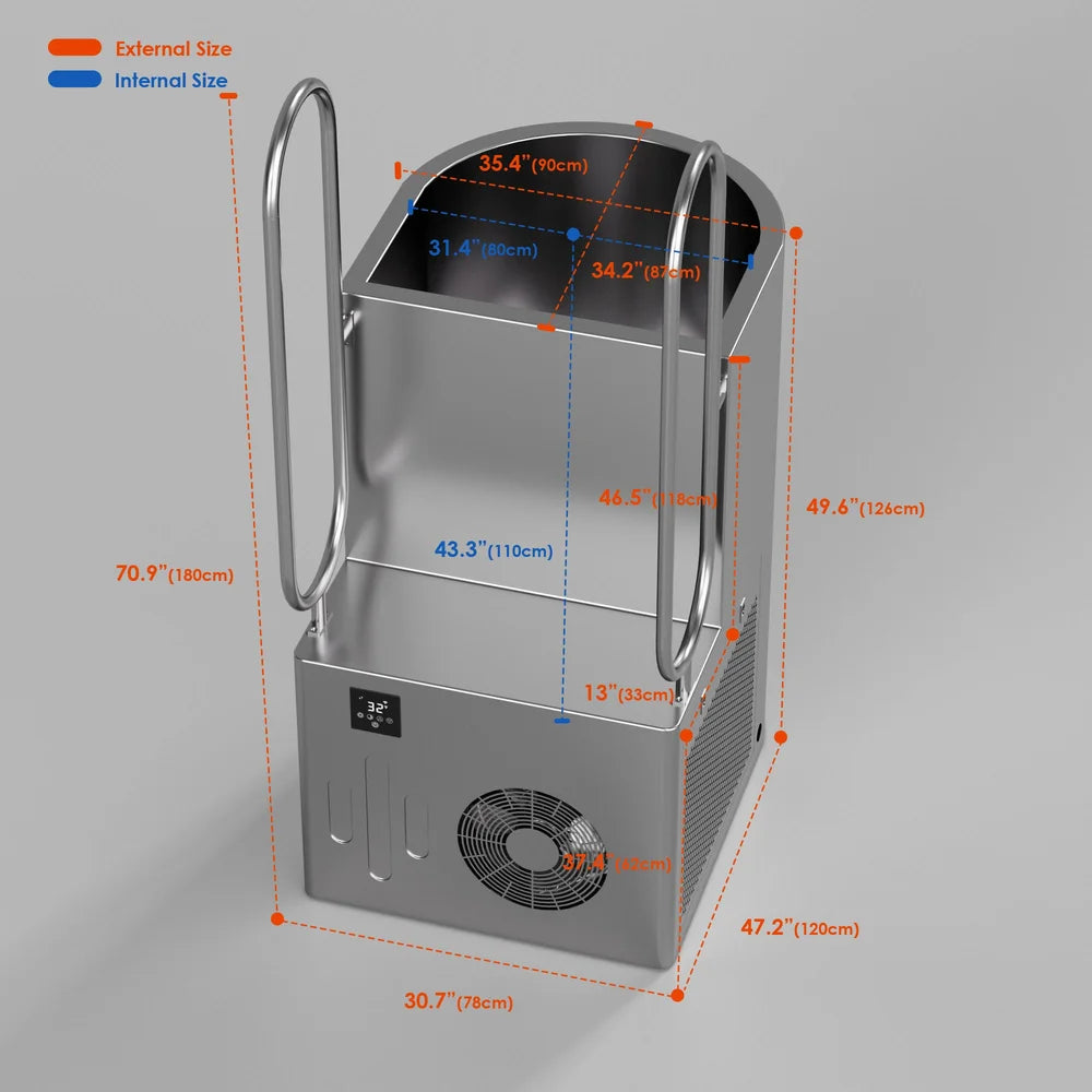 Labelled measurement drawing of the ambohr Armor All-in ice baths with internal and external dimensions in inches and cm