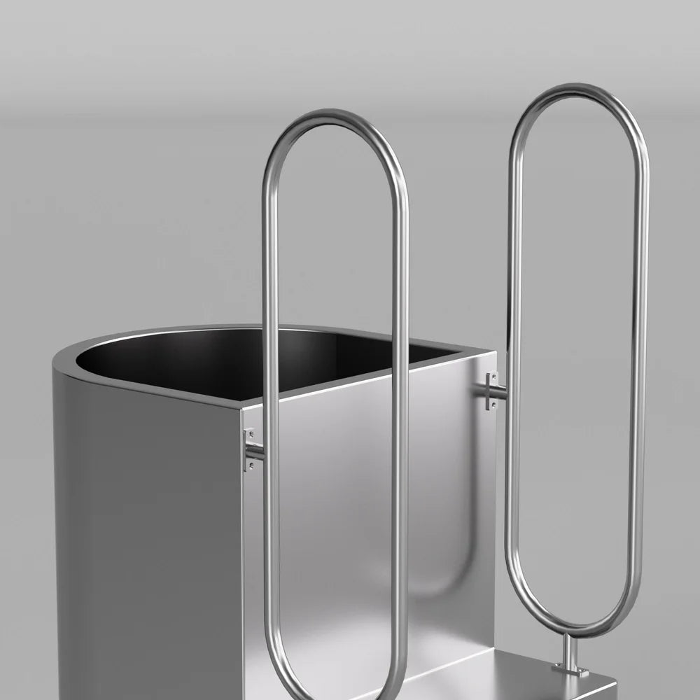 Bolted handrail brackets and tub rim detail on the ambohr Armor All-in cold plunge kit stainless steel shell