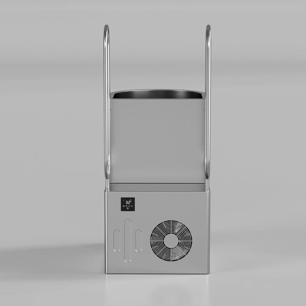 Straight-on front view of the ambohr Armor All-in ice baths showing tub shell, handrails and chiller cabinet vents