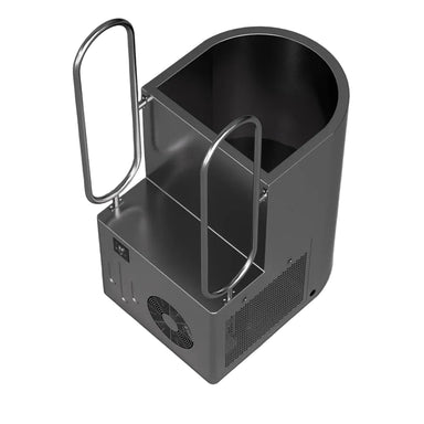 Angled overhead render of the ambohr Armor All-in cold plunge spa with open basin, digital display and cooling fan