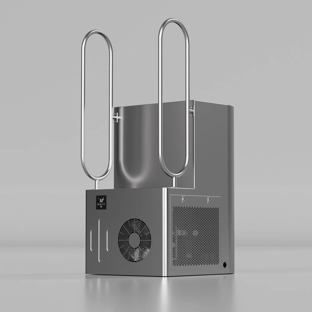 Angled front view of the AMBOHR Armor All-in Cold Plunge Tub with twin handrails, digital display and chiller cabinet