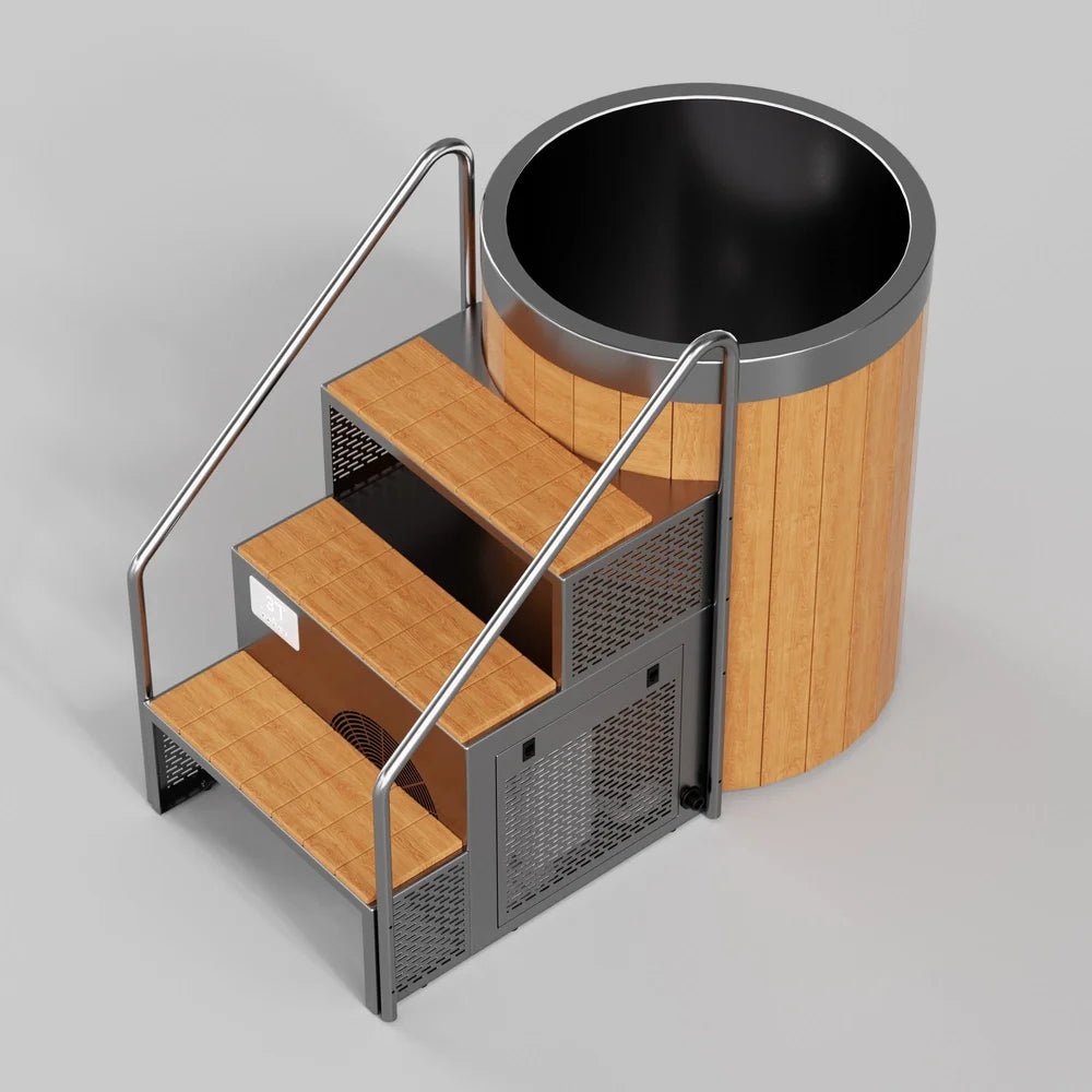 Raised angle on the ambohr Armor ArmorSteel CR ice bath chair showing wide entry steps and the open plunge basin