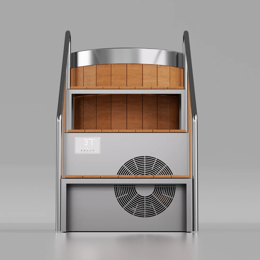 Head-on look at the ambohr Armor ArmorSteel CR ice bath tub with stacked steps, twin fan grilles and curved handrails