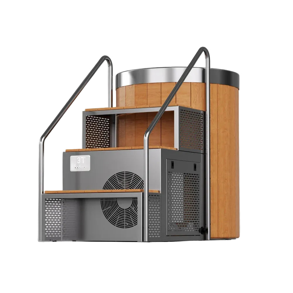 Slightly angled front hero shot of the ambohr Armor ArmorSteel CR cold plunge pool with steps, rails and chiller