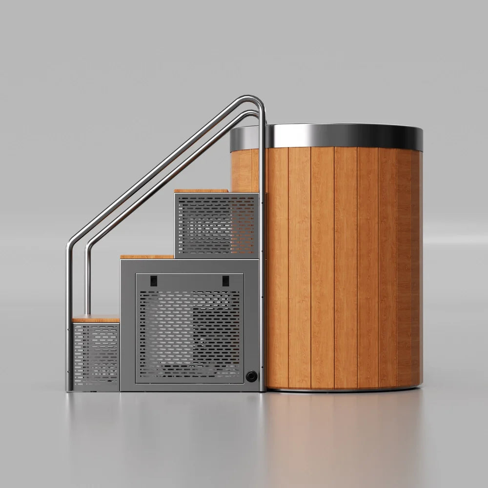 Side elevation of the ambohr Armor ArmorSteel CR cold plunge spa showing the slatted barrel and perforated step housing