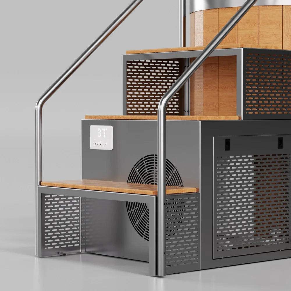 Digital temperature display, fan grille and vented cabinet on the AMBOHR Armor ArmorSteel CR Cold Plunge Tub step unit