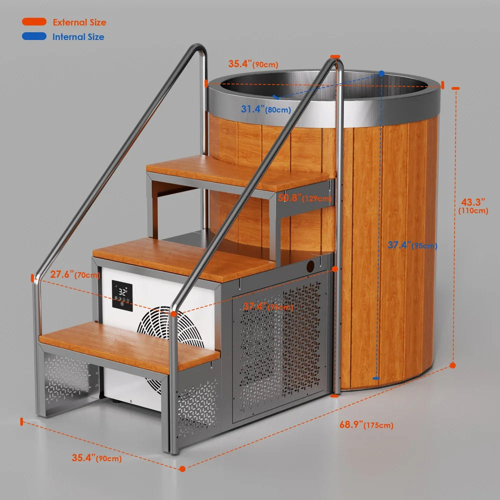 Labeled sizing drawing of the AMBOHR Armor ArmorSteel CR Cold Plunge Tub listing internal and external height, width and depth