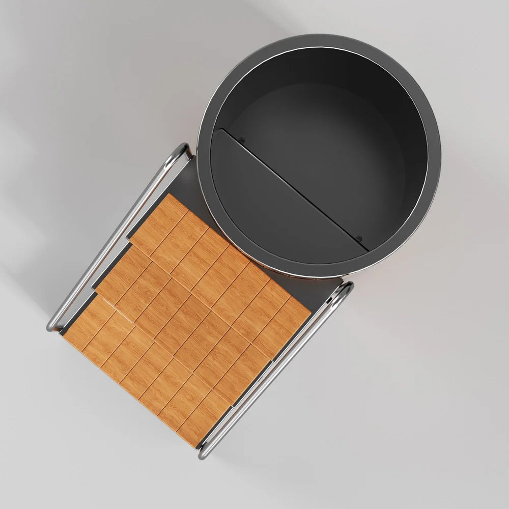Top-down look at the ambohr Armor ArmorSteel CR ice bath tub round opening, covers and planked step deck