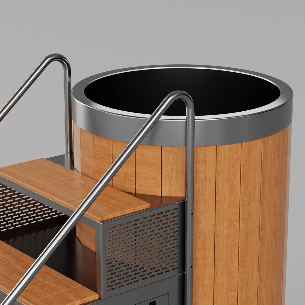 Detail of the polished rim, wood staves and upper steps on the ambohr Armor ArmorSteel CR ice bath tub