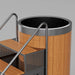Detail of the polished rim, wood staves and upper steps on the ambohr Armor ArmorSteel CR ice bath tub