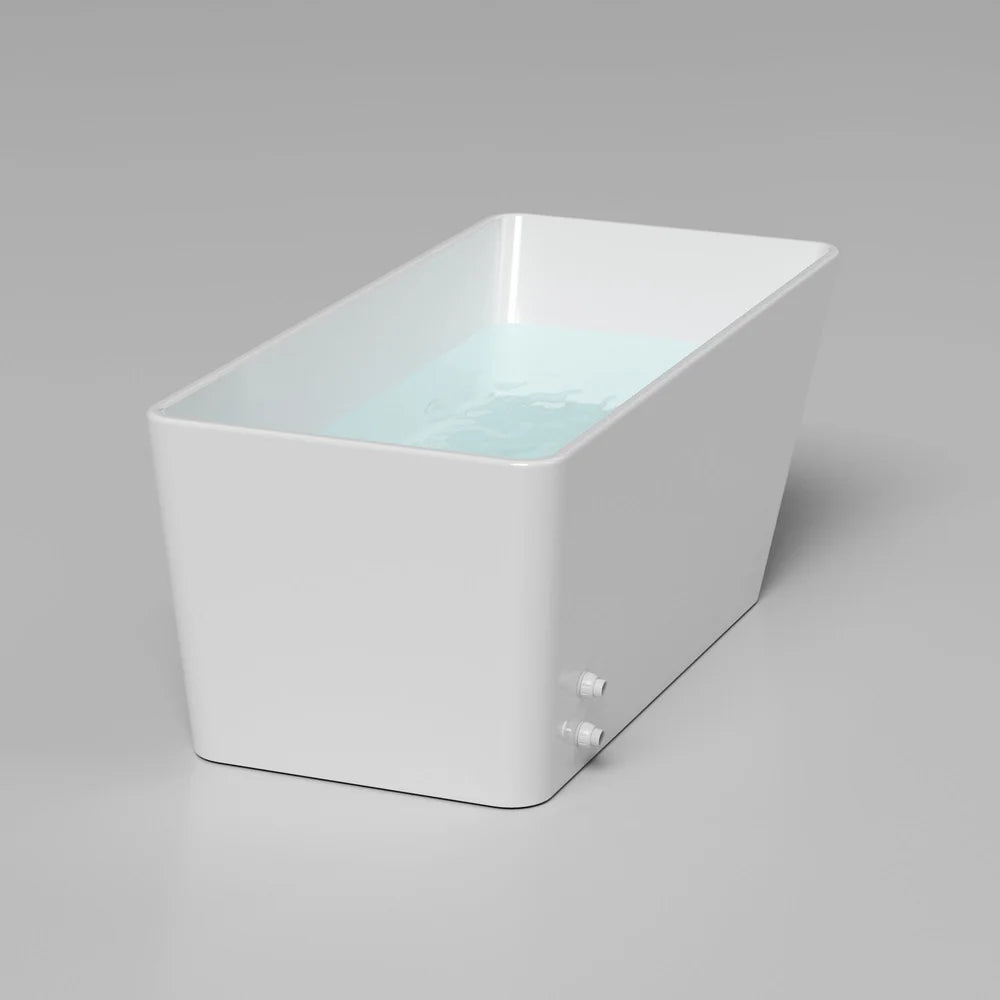 Angled studio render of the AMBOHR Cold Plunge Fiber Core Flex Tub FiberCore Flex holding pale blue water with side hose fittings