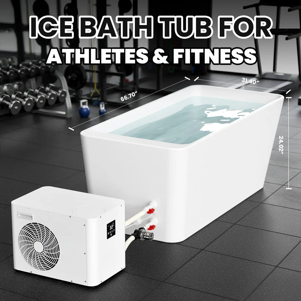 Measurement graphic showing 66.70, 31.40 and 24.02 inch dimensions of the AMBOHR Cold Plunge Fiber Core Flex Tub on a gym floor