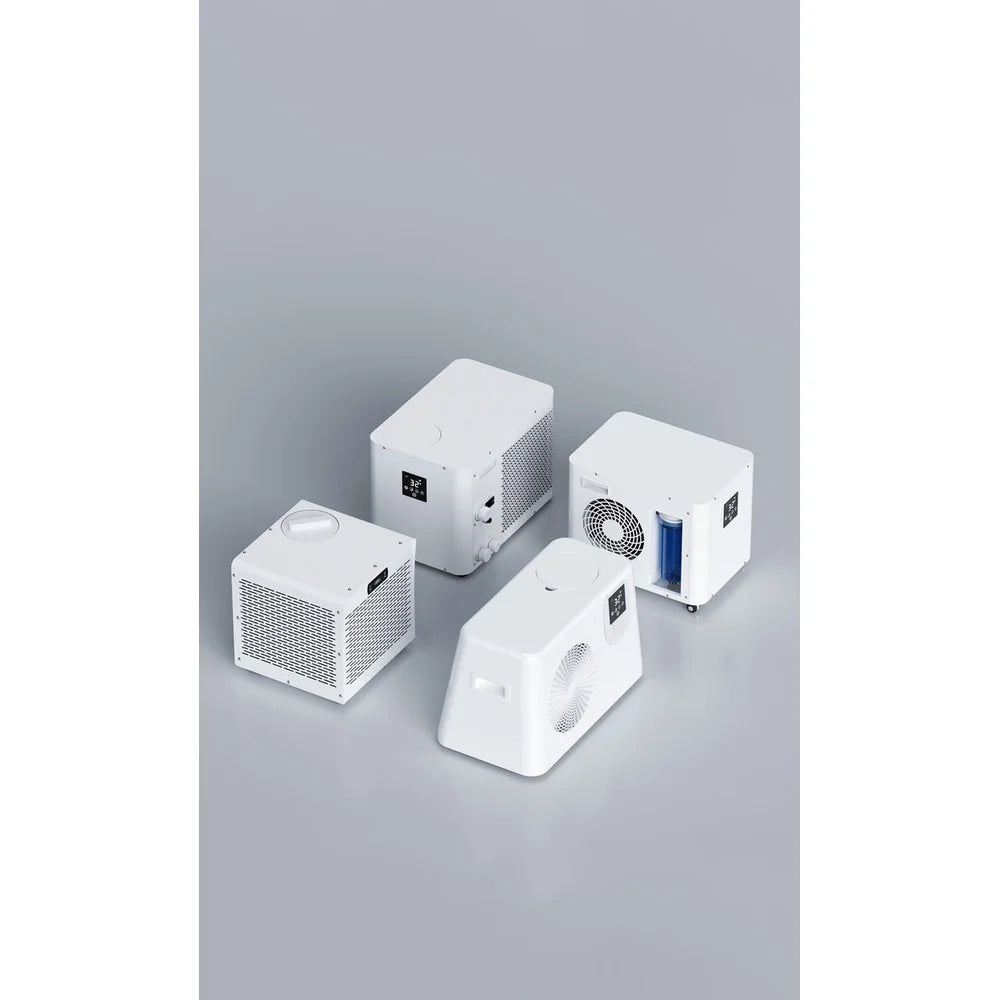 Group studio render of four white chiller models available with the FiberCore Flex Cold Plunge Fiber Core Flex Tub