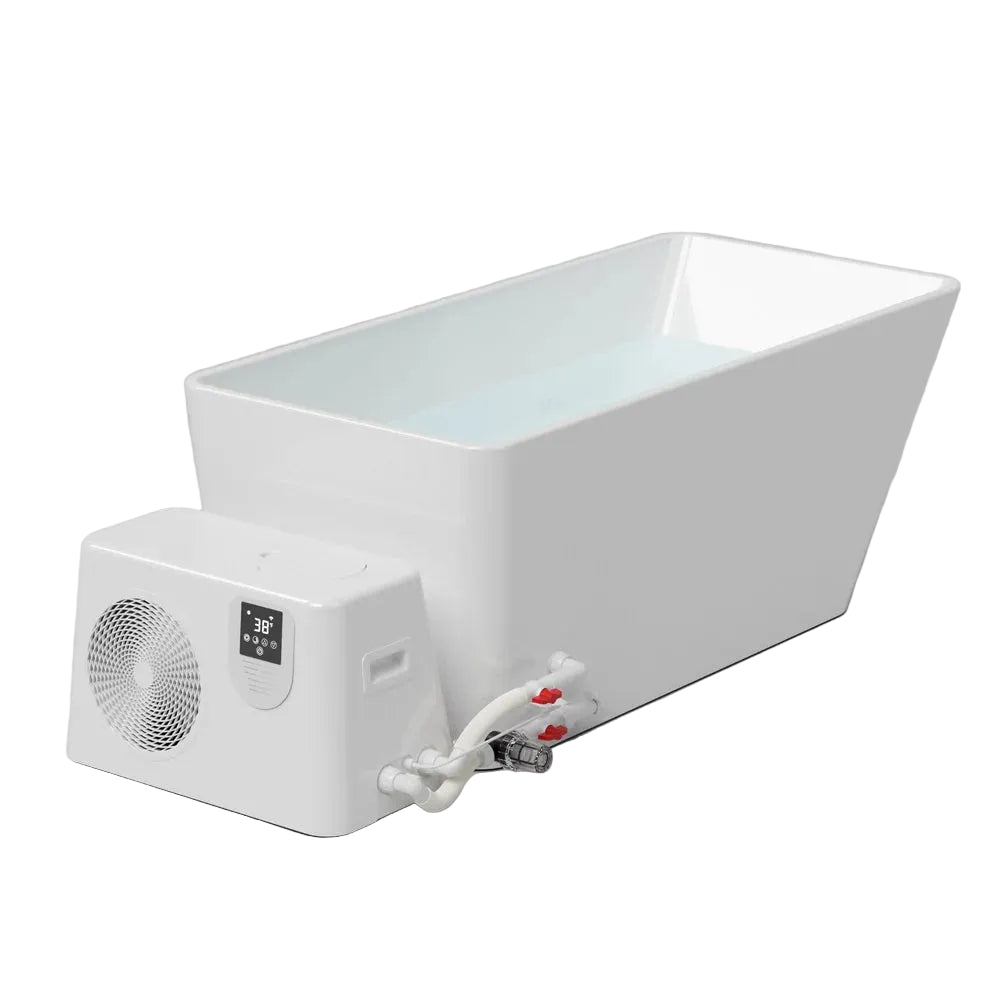 Studio render of the AMBOHR Cold Plunge Fiber Core Flex Tub paired with the Ultra Chiller unit displaying a 38°F readout