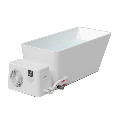 Studio render of the AMBOHR Cold Plunge Fiber Core Flex Tub paired with the Ultra Chiller unit displaying a 38°F readout