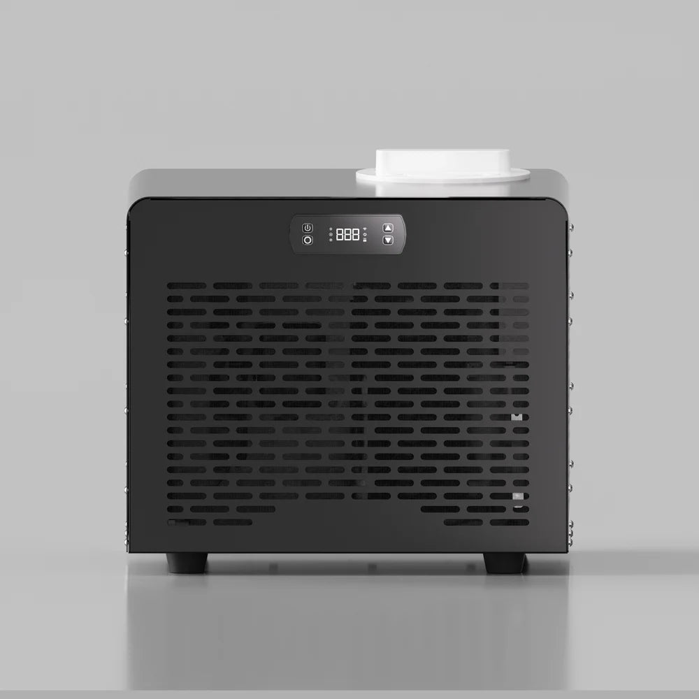 Front render of the black AMBOHR Mini Chiller Cold Plunge Cooler with white filter port and dark vent grille